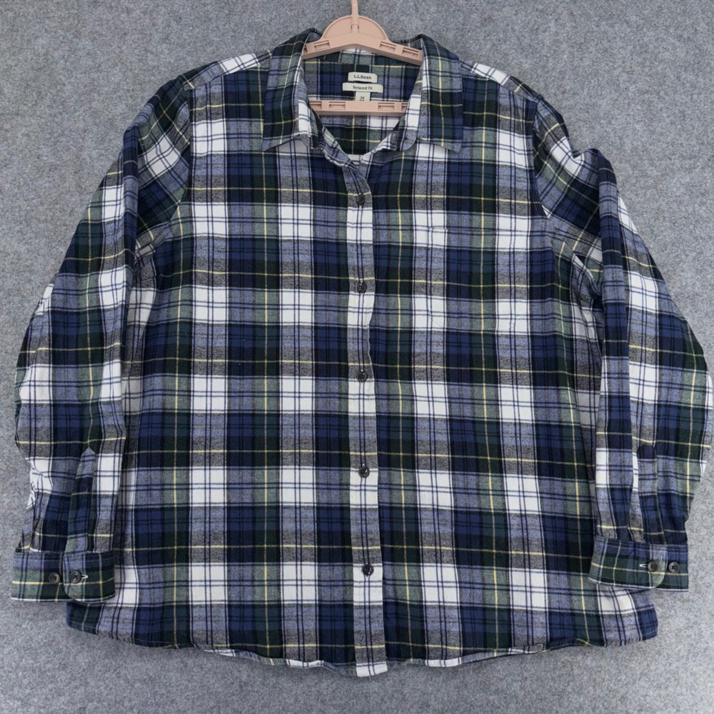 LL Bean Relaxed Fit Flannel Shirt Womens 3X Blue Green Plaid Cotton 278975